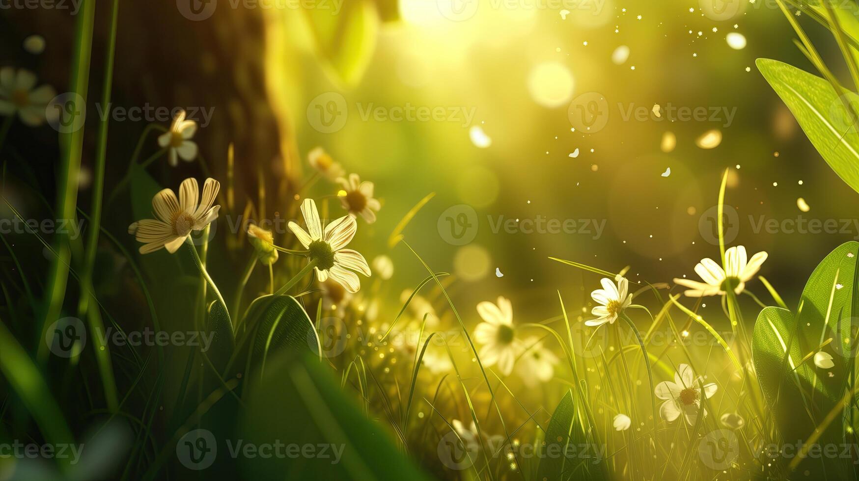 AI generated Clearing of daisies and trees. Beautiful sunshine. Peaceful background. Copy space. photo