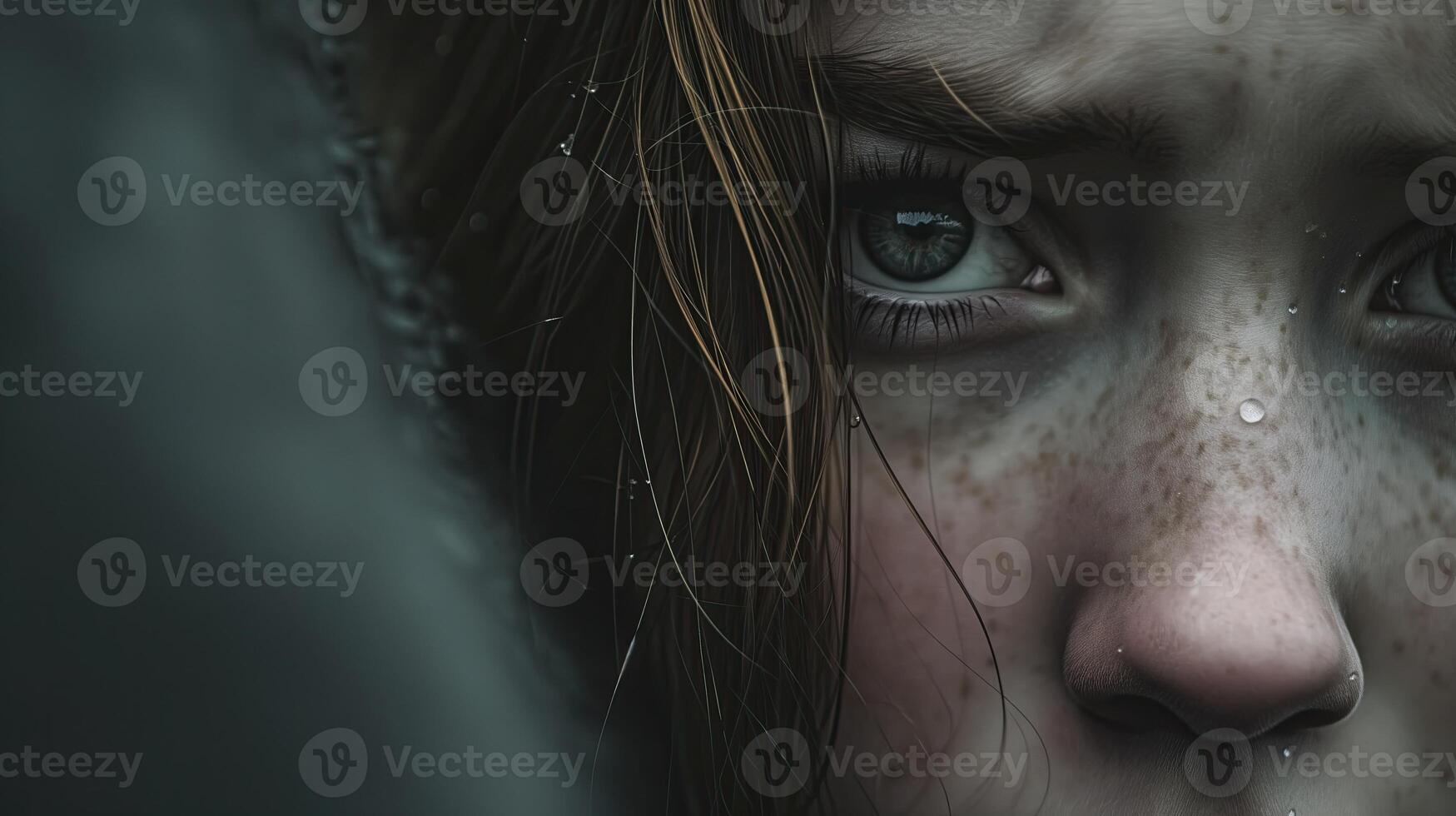 AI generated A young girl with fear and hopelessness in her eyes. Concept of human trafficking and violence against women. Horizontal format. Copy space. photo