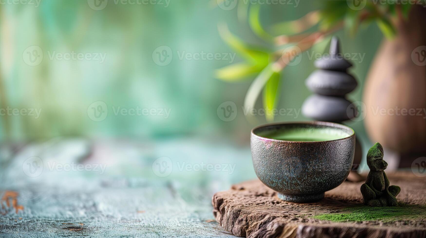 AI generated Japanese tea arrangement on a wooden platform. Matcha tea. Copy space. Horizontal format. photo