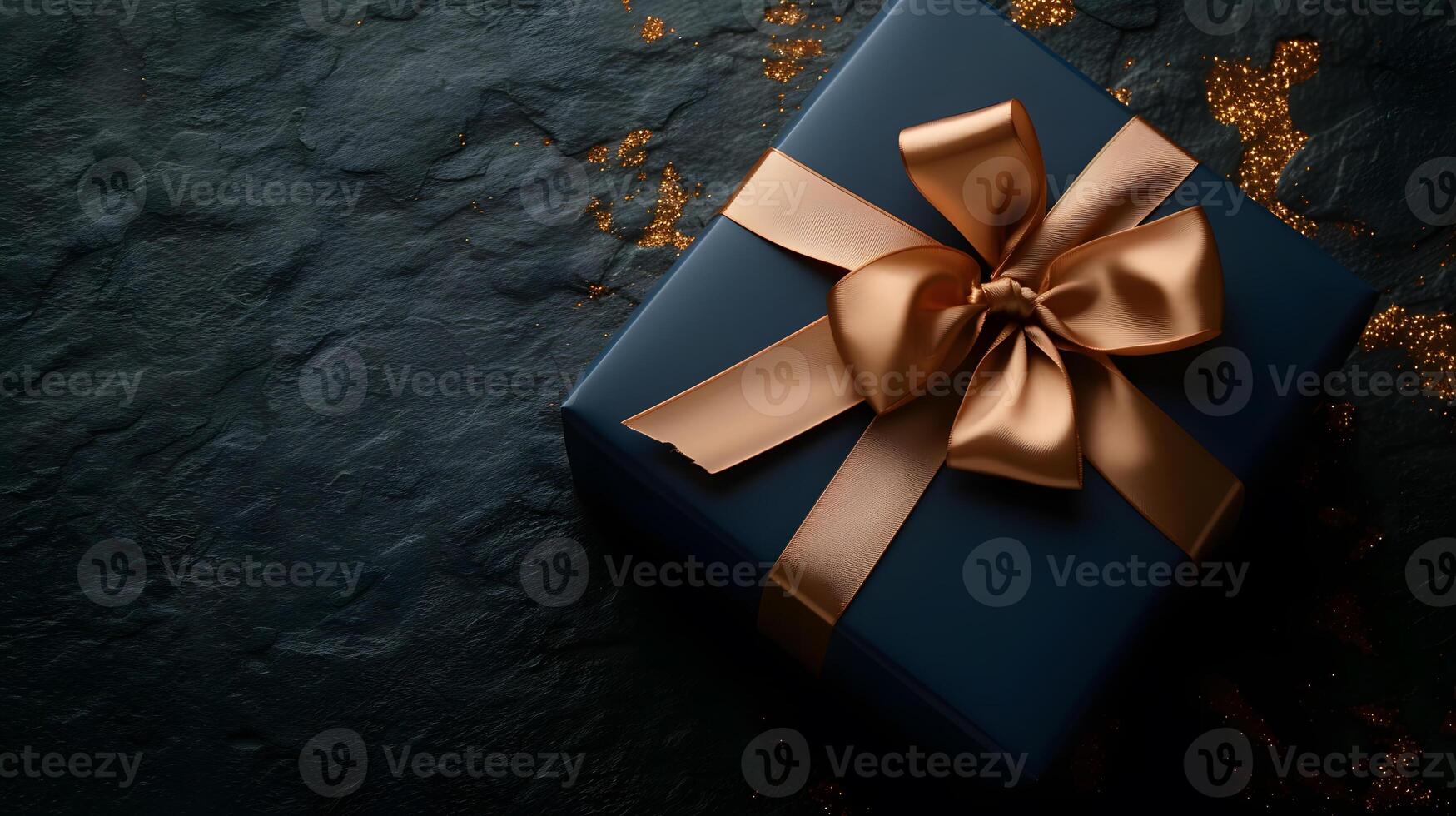 AI generated Blue background hosts a beautifully wrapped gift box adorned with a red ribbon, perfect for Christmas, birthdays, holidays, and celebrations photo