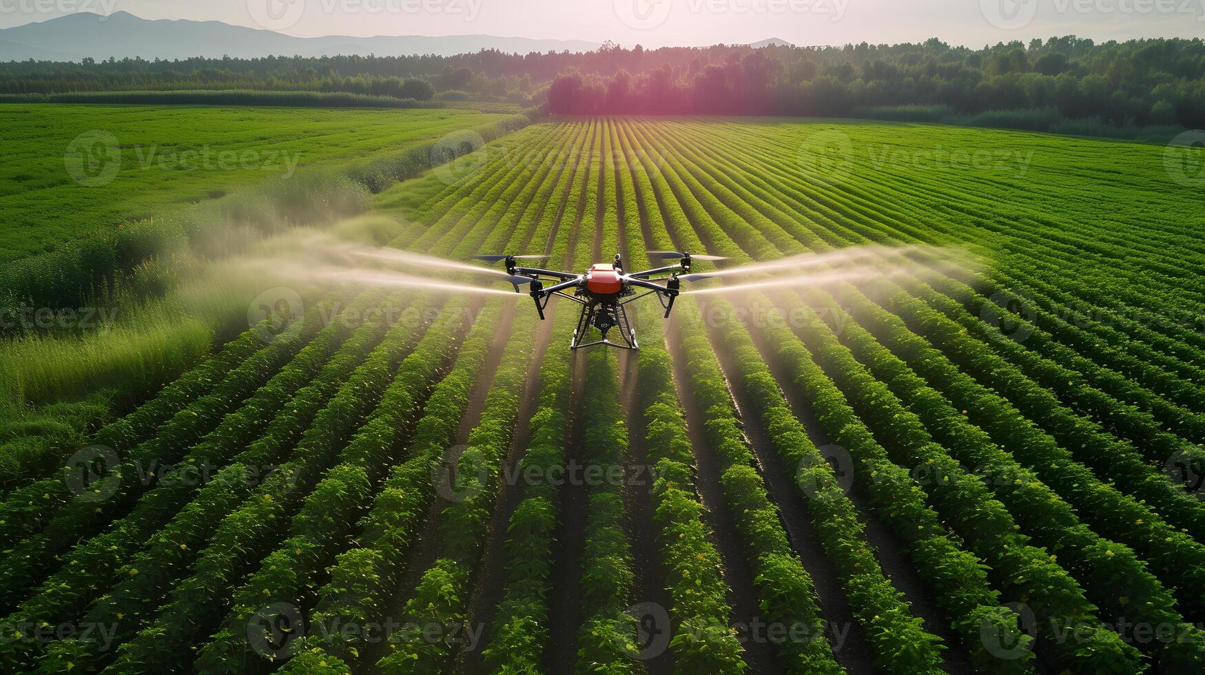 AI generated Agricultural landscape with a drone spraying water on a lush green field under a blue sky and clouds. photo