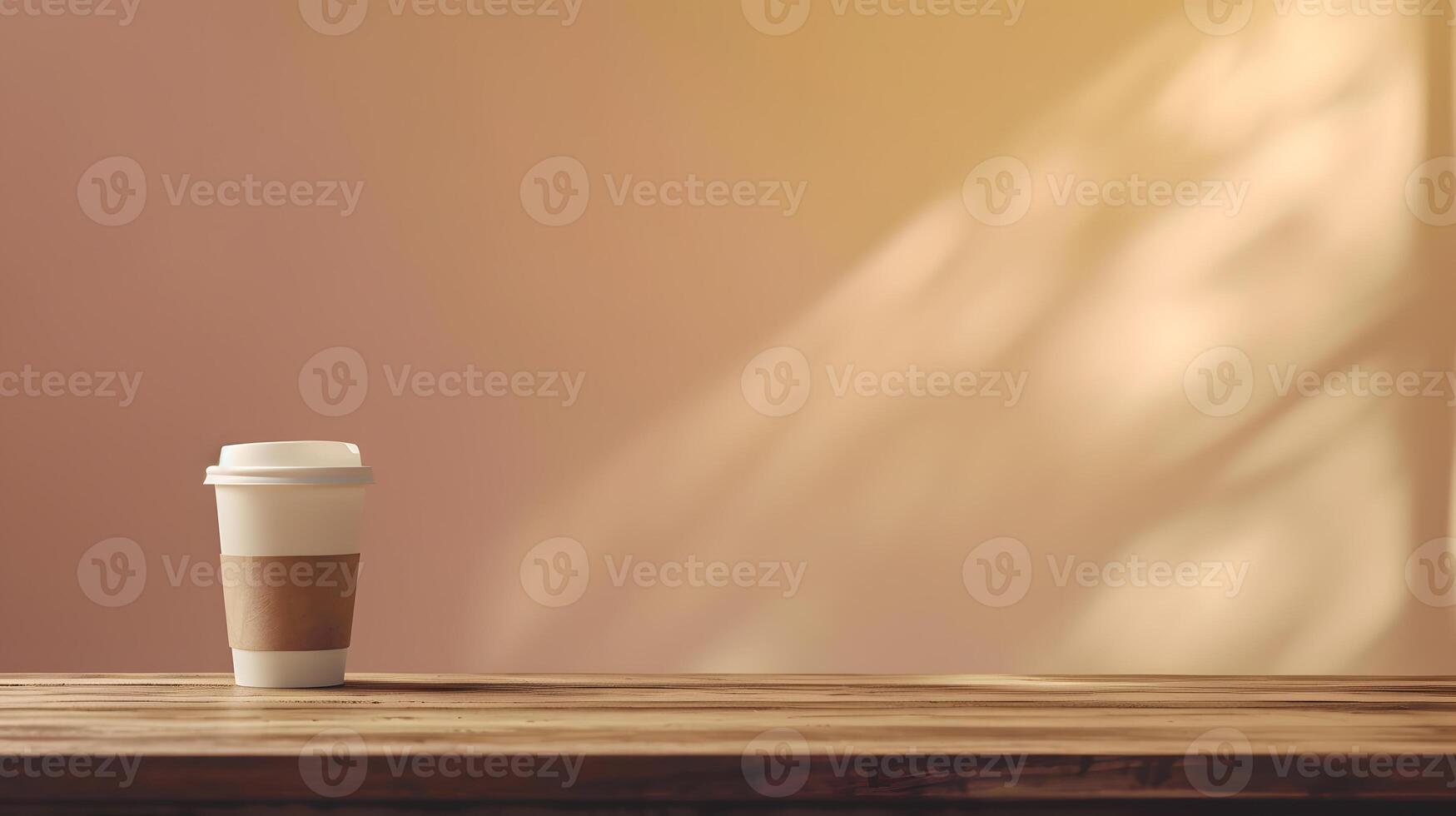 AI generated A coffee cup is placed on a wooden table against a warm-toned background. The cup has a white top and a brown paper band around the middle. photo
