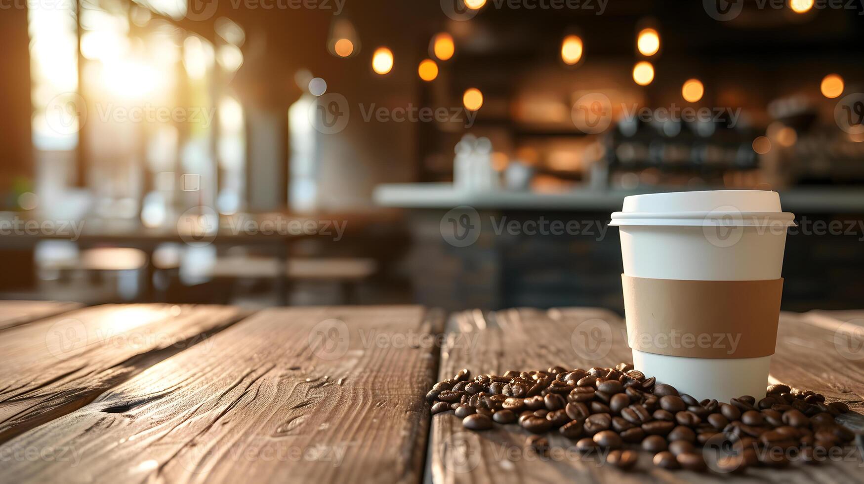 AI generated A coffee cup and coffee beans on a wooden table in a cafe. photo