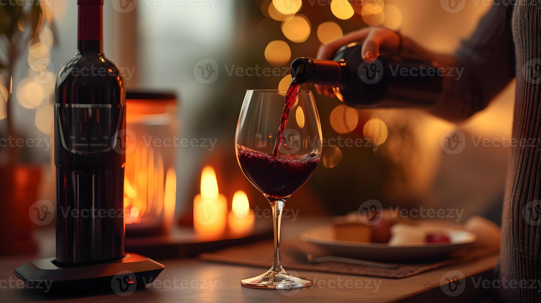 AI generated Wine glasses and bottles arranged on a table in a bar. It creates a joyful and celebratory atmosphere. photo
