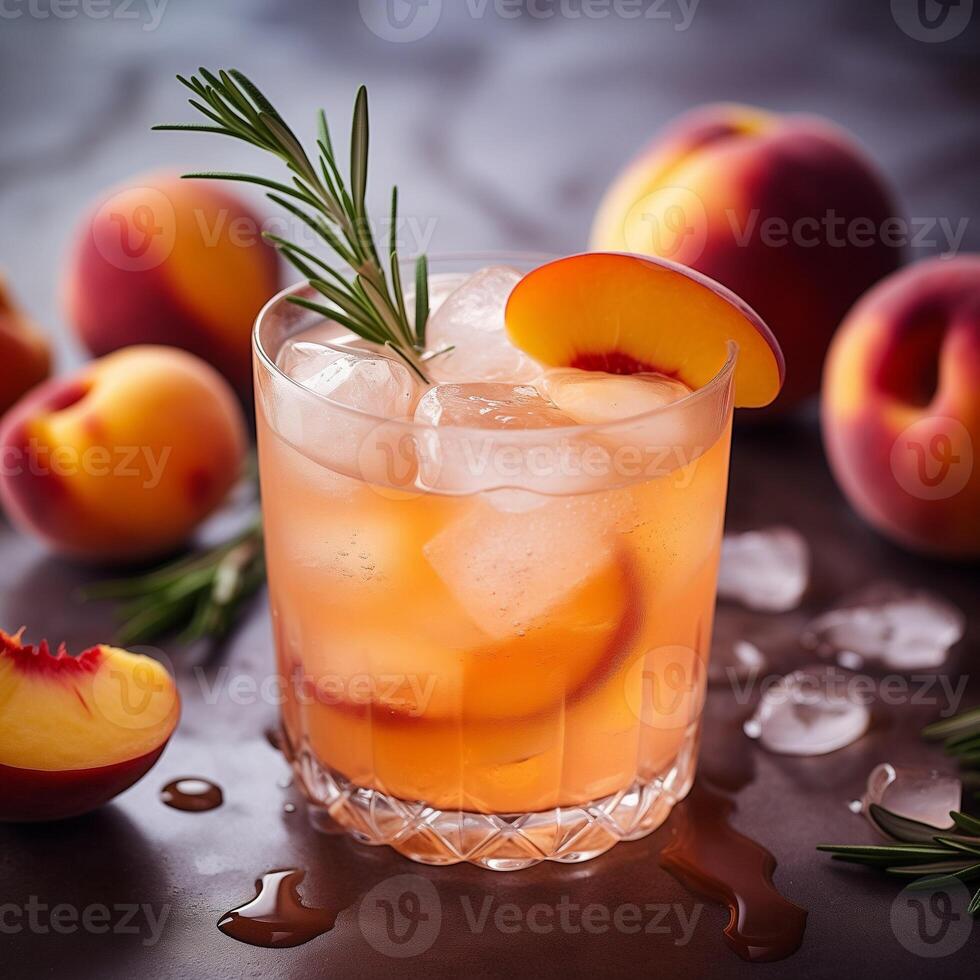 AI generated A cold drink of orange peach color in a glass with ice and fruit, vokurg peaches and a sprig of rosemary. Refreshing drinks photo