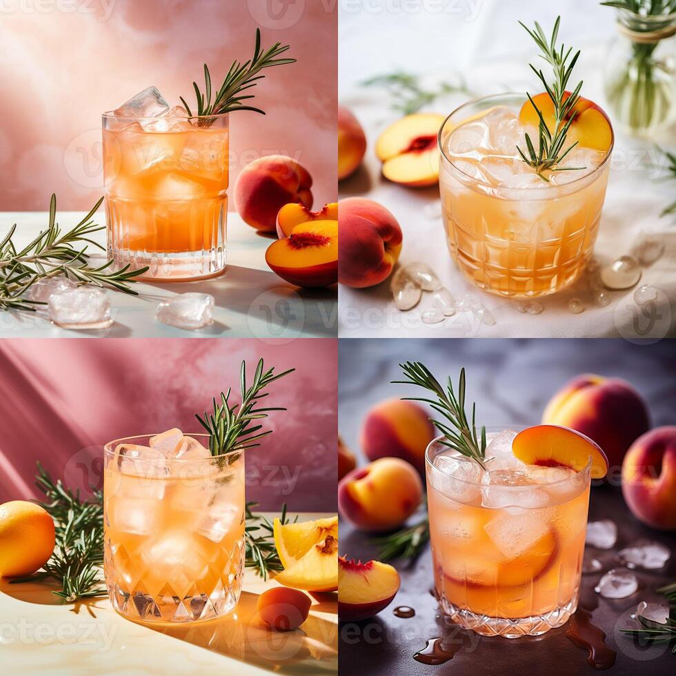 ai generado un frío bebida de naranja melocotón color en un vaso con hielo y fruta, vokurg duraznos y un puntilla de Romero. refrescante bebidas foto