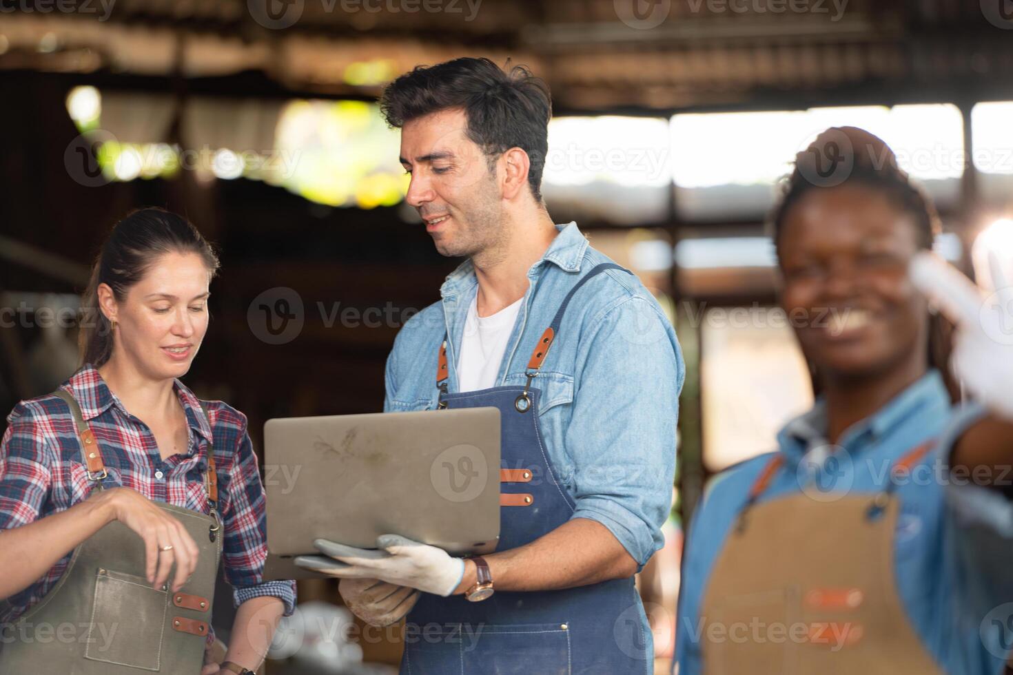 Portrait of carpenter female worker standing in front of colleague in workshop photo