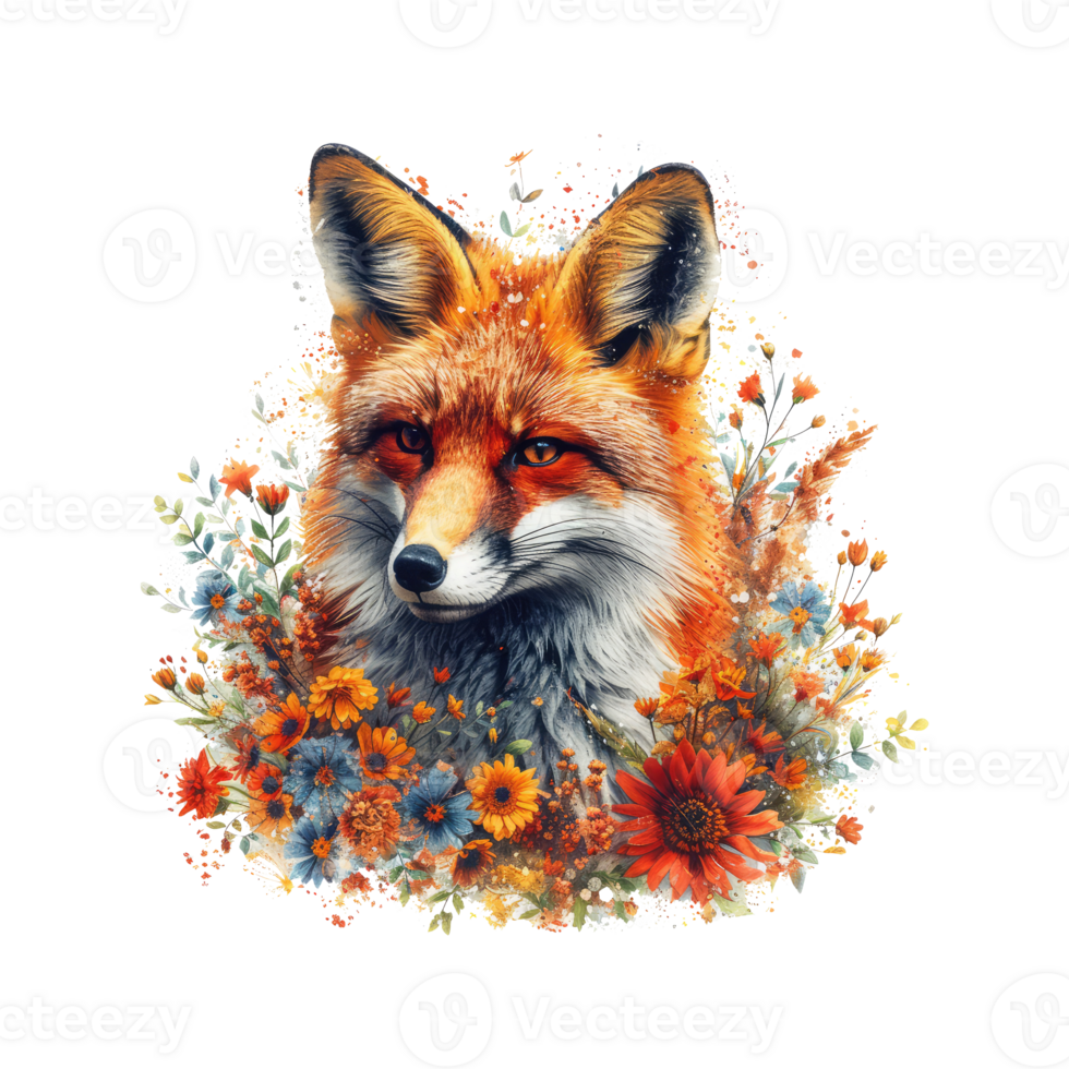 AI generated Fox made of flowers water painting vintage vivid colors png