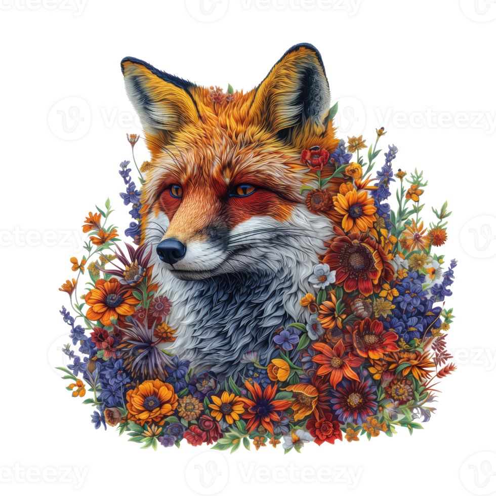 AI generated Fox made of flowers water painting vintage vivid colors png