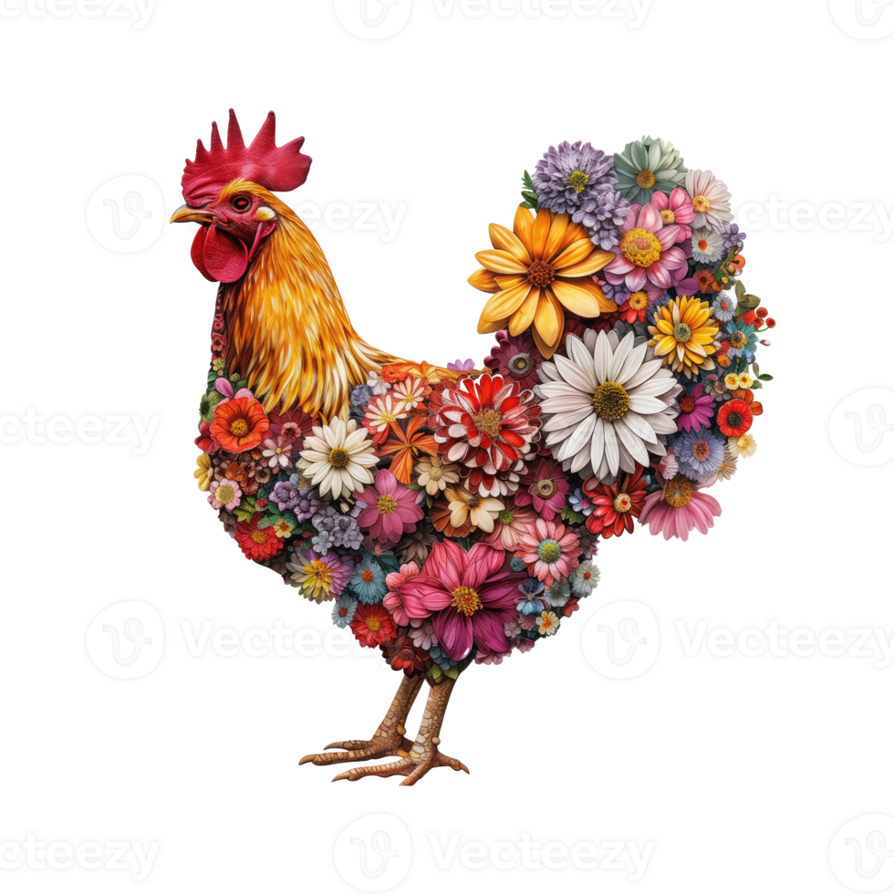 AI generated chicken made of flowers water painting vintage vivid colors png