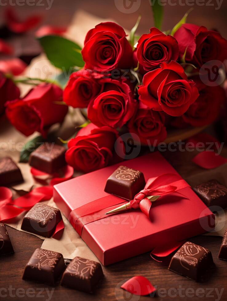 AI generated Elegance of Love Red Roses and Heart-Shaped Chocolates with Gift photo