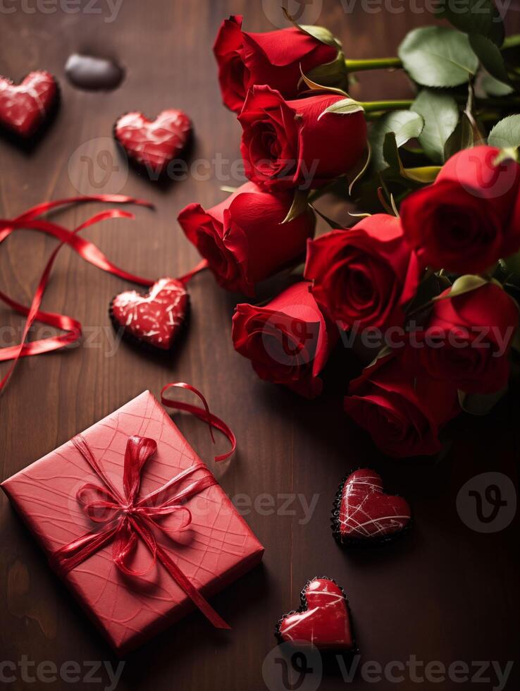 AI generated Elegance of Love  Red Roses and Heart-Shaped Chocolates with Gift photo