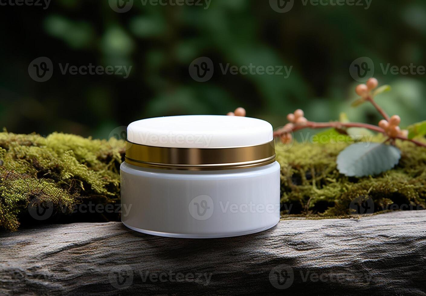 AI generated Photo white cosmetic cream jar on a table behind natural mountain background