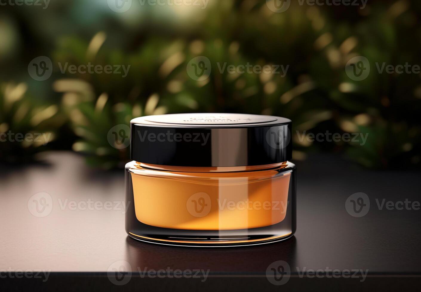AI generated yellow cosmetic cream product on a table behind drak blur background photo