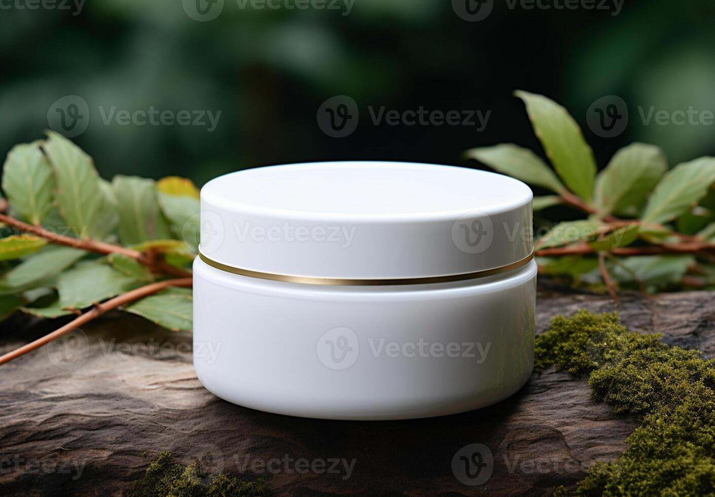 AI generated Photo white cosmetic cream jar on a table behind natural mountain background