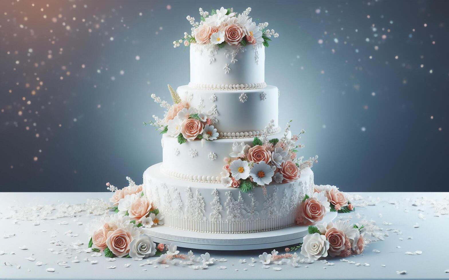 AI generated Three-tiered cake, wedding cake decorated with flowers, cute, sweet colors photo