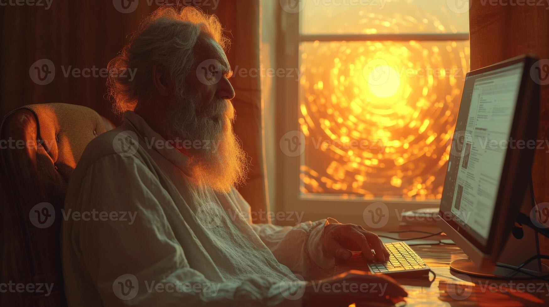 AI generated Portrait of an elderly man working at home at a computer near the window at sunset. The concept of a freelancer photo