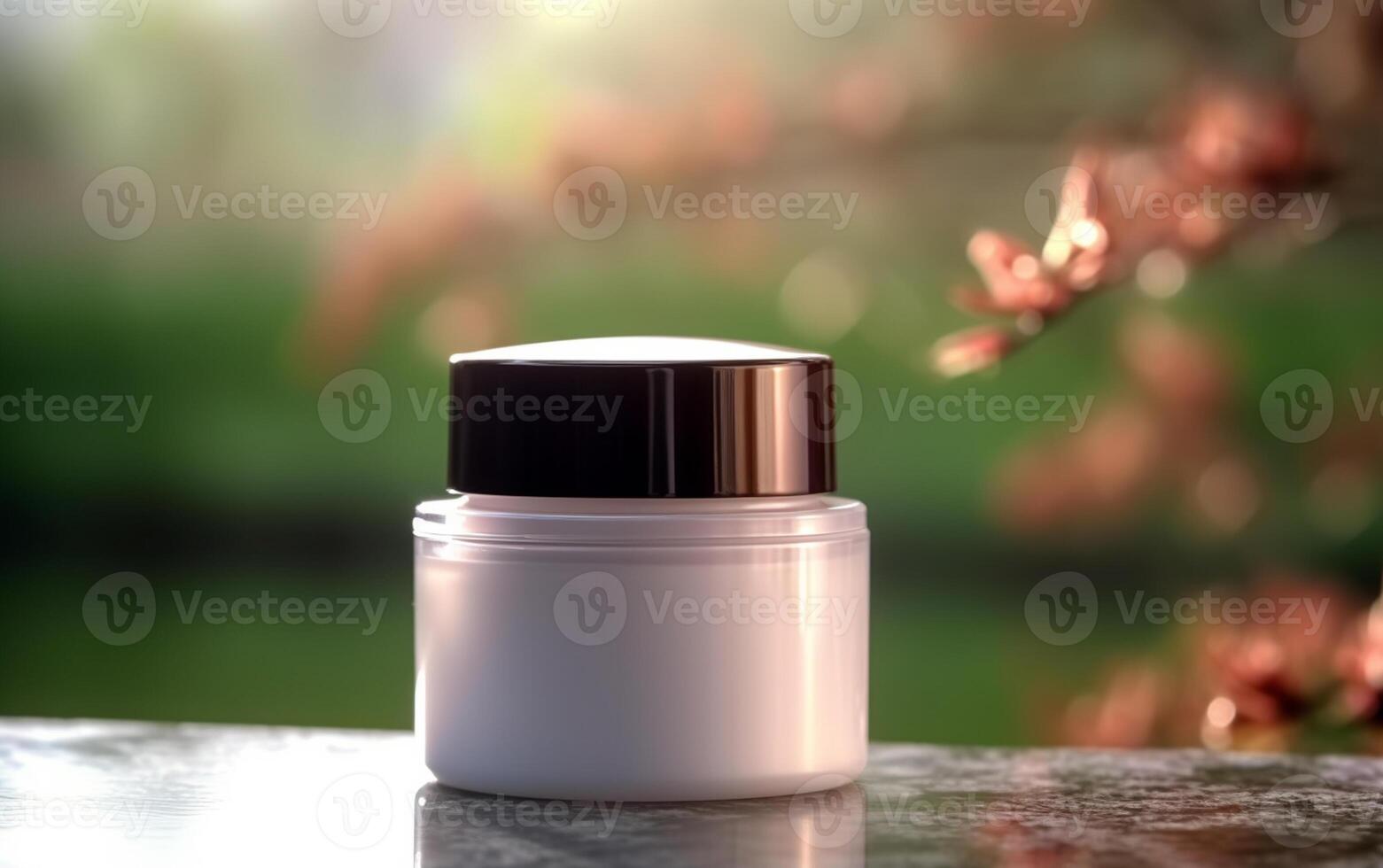 AI generated Photo luxury cream jar on the table behin natural green background