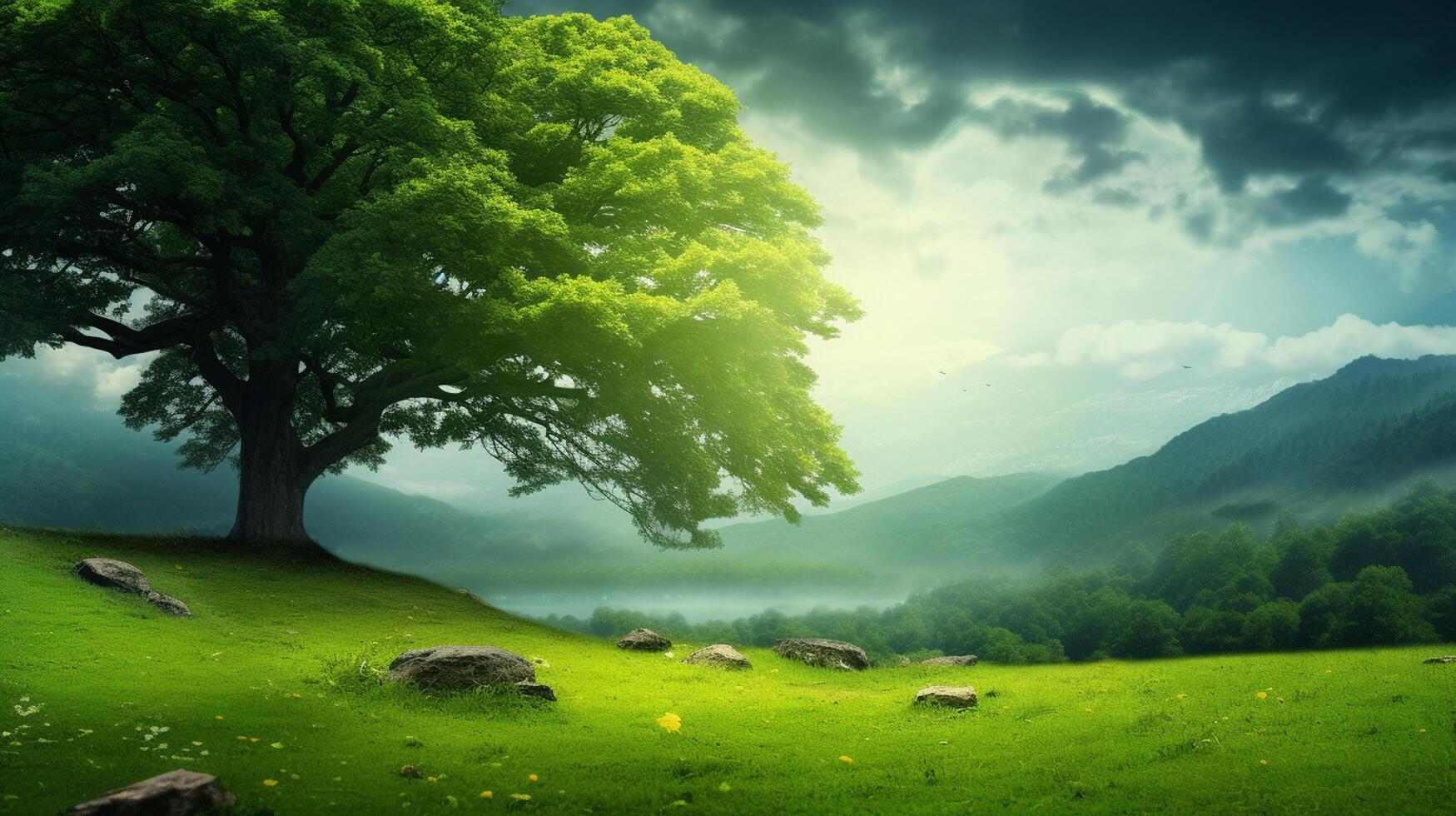AI generated A green tree in a field with the sun shining on it photo