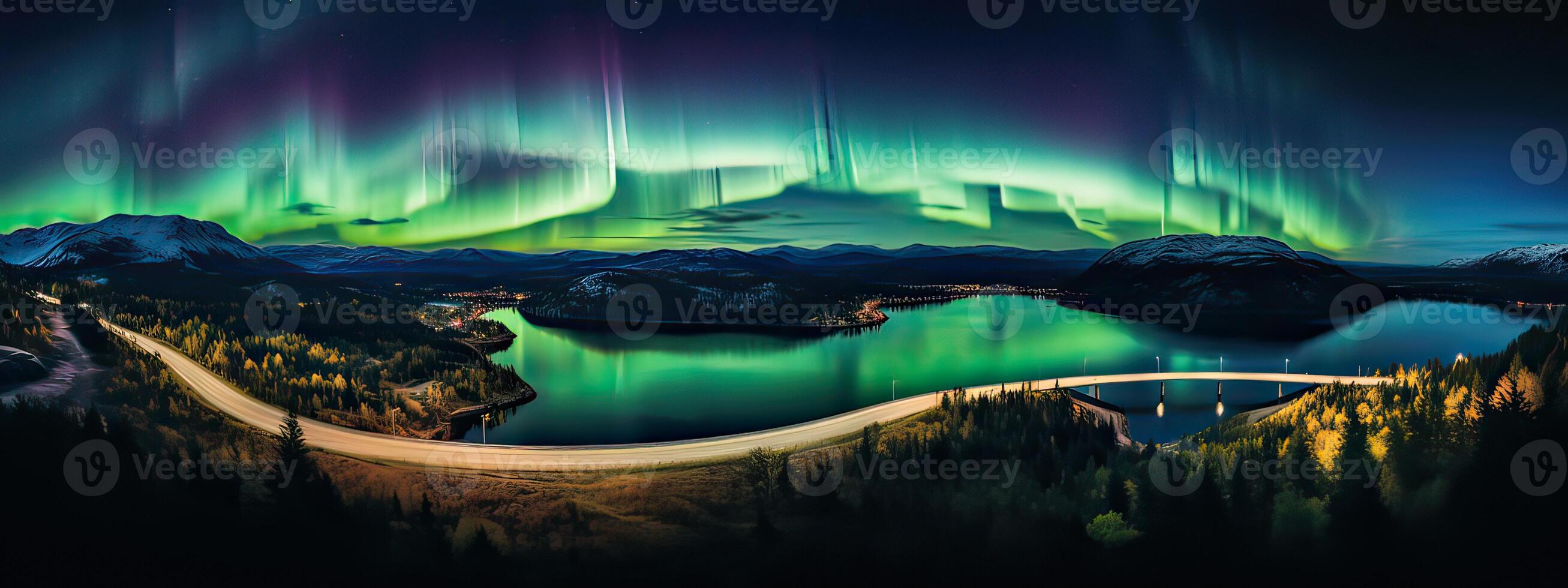 AI generated Aurora Borealis, magical Northern Lights waving in the night sky over a wild and foggy northern photo