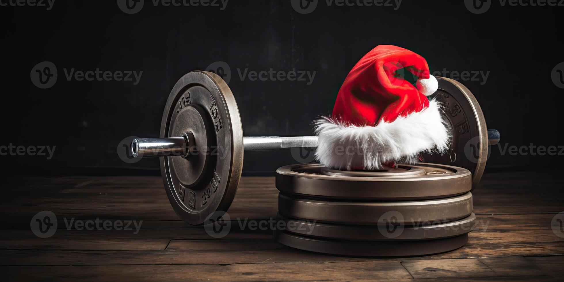 AI generated Father Christmas hat on a gym dumbbell weight. New year resolution and healthy lifestyle, red Santa photo