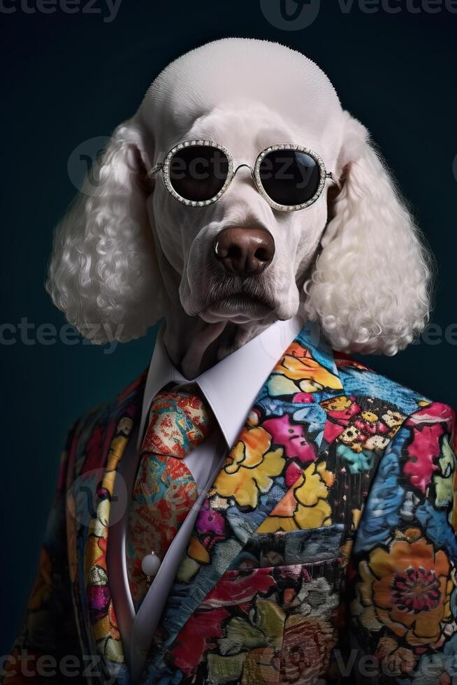 AI generated Dog, white poodle, dressed in an elegant modern suit with a nice tie, wearing sunglasses. Fashion photo