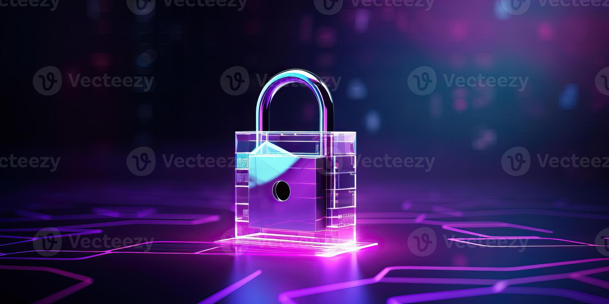 AI generated Digital padlock for computing system on dark purple blue background, cyber security technology for photo