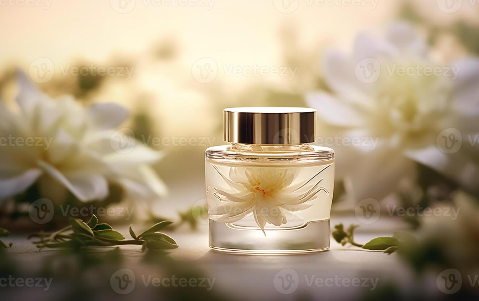 AI generated golden glass perfume bottle on the table with flower photo