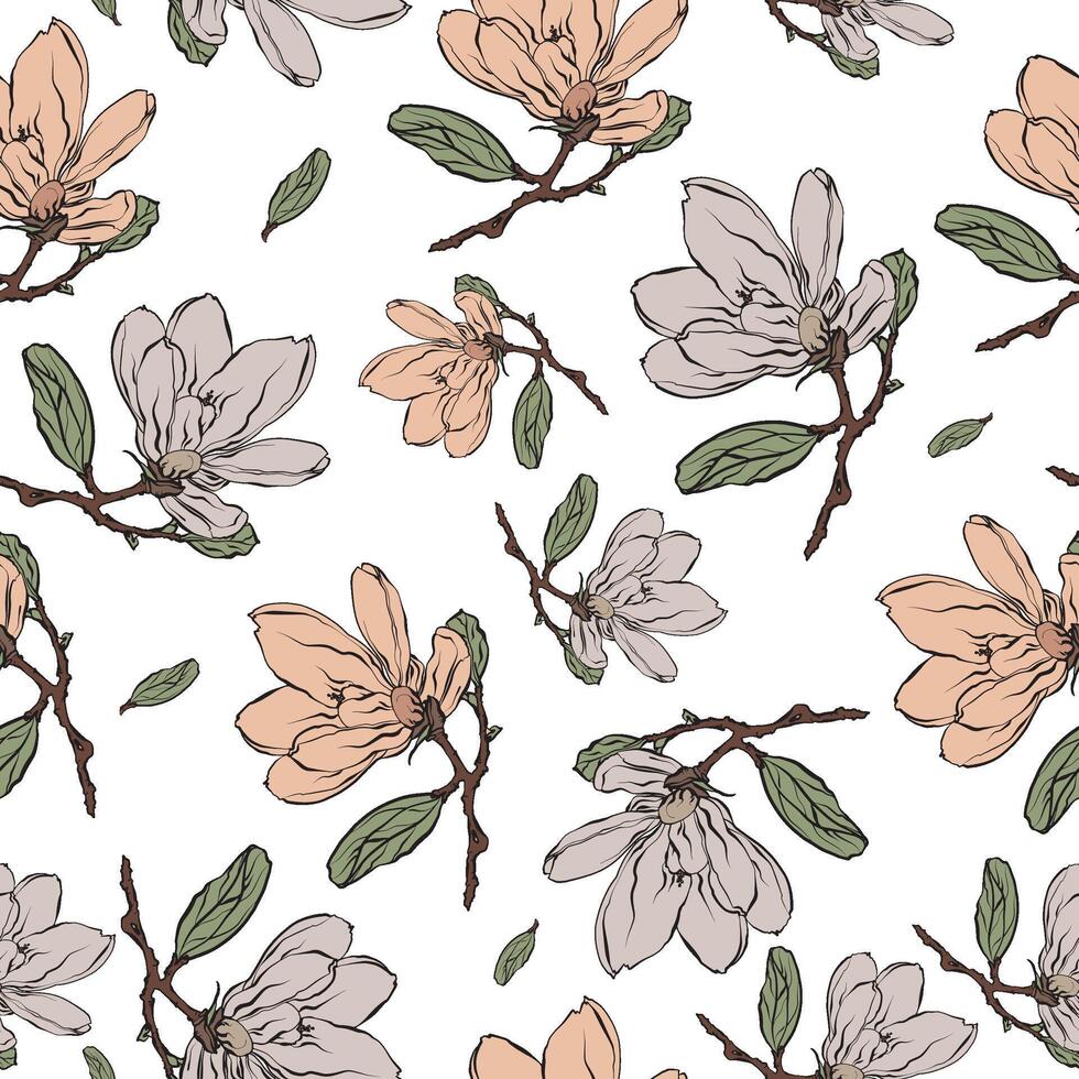 Decorative pattern of flowers, leaves and branches of magnolia. Vector illustration. For nature, eco and design. Hand-painted plants for fabrics, packaging.