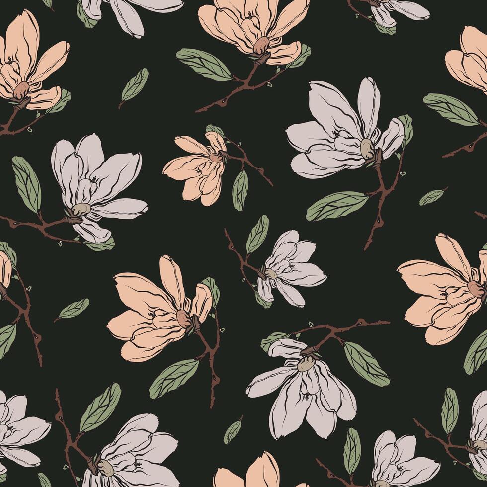 Decorative pattern of flowers, leaves and branches of magnolia. Vector illustration. For nature, eco and design. Hand-painted plants for fabrics, packaging.