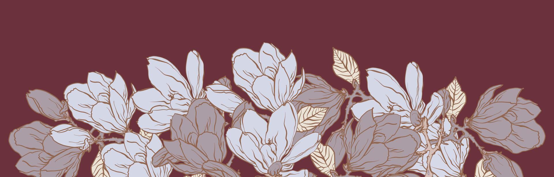 A decorative border of flowers and branches of magnolia is highlighted in the foreground. A pattern of leaves. A place to copy. Hand-drawn botany, plants, postcard frame. vector