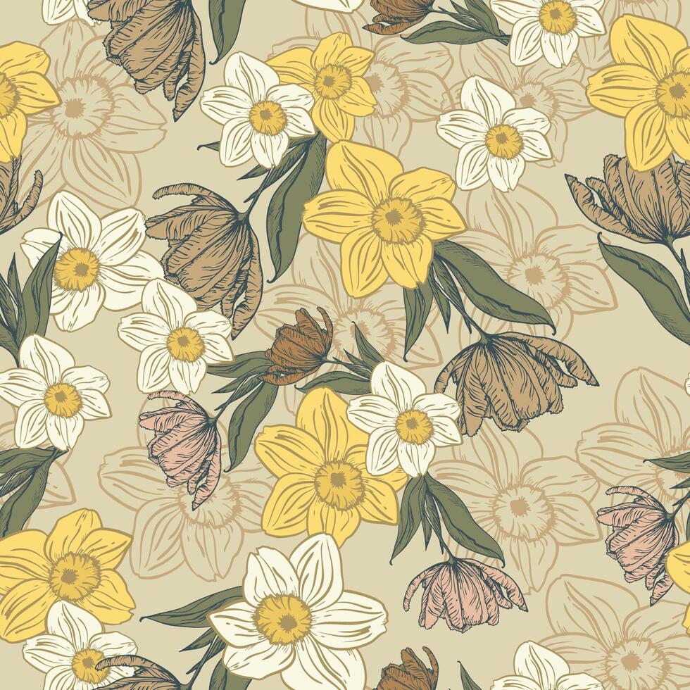 Leaves and flowers. Hand-drawn graphics. Seamless patterns for fabric and packaging design. Vector drawing of botany.