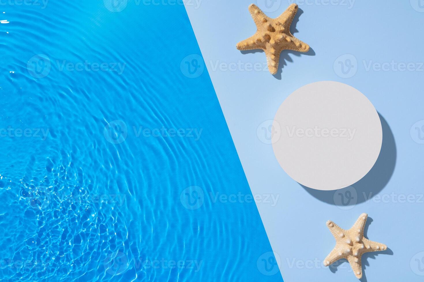 Mock up podium or pedestal flat lay with blue water waves. Hot summer scene for your product top view photo