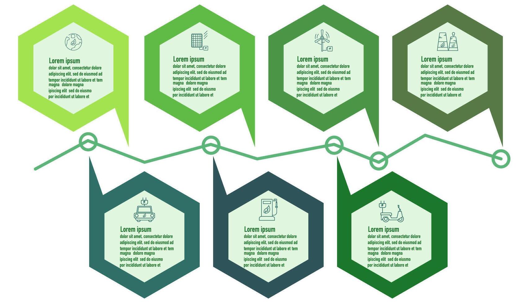 Infographic renewable energy template for energy consumption sustainable information presentation. Vector elements step eco green workflow diagrams. Report plan 7 topics