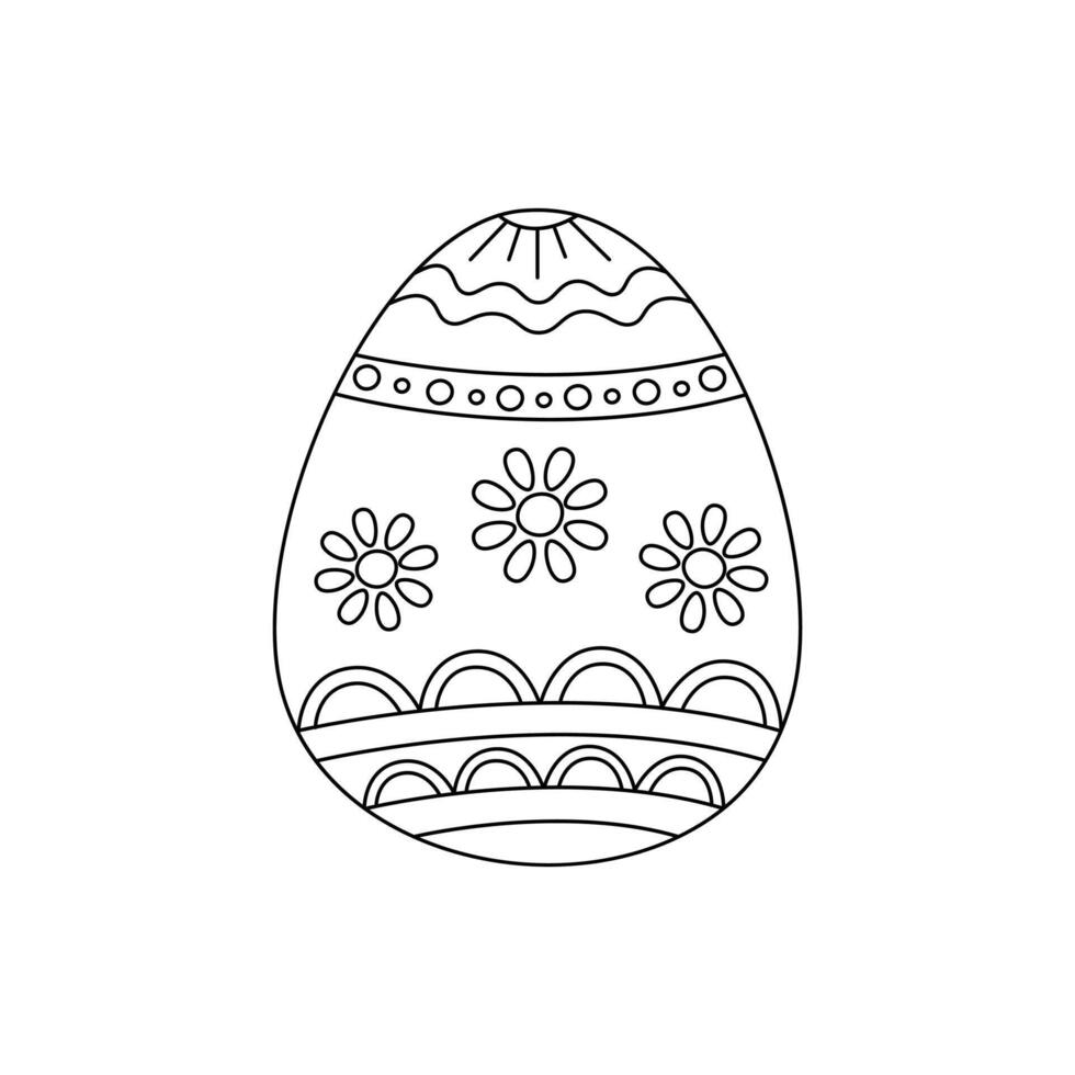 Easter egg doodle black and white for coloring. Vector illustration. Festive decorative Easter egg with line ornament flowers, patterns, shapes
