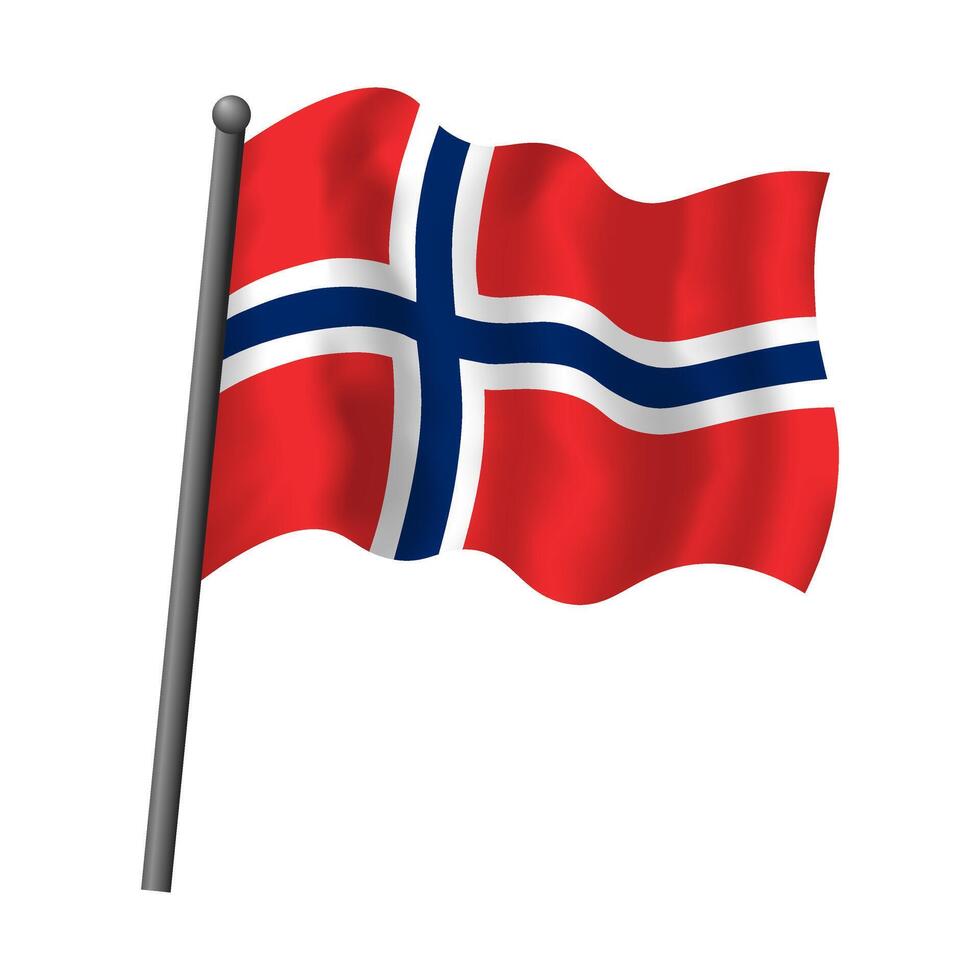 Norway flag on flagpole waving in wind. Norwegian flag with cross vector isolated object illustration