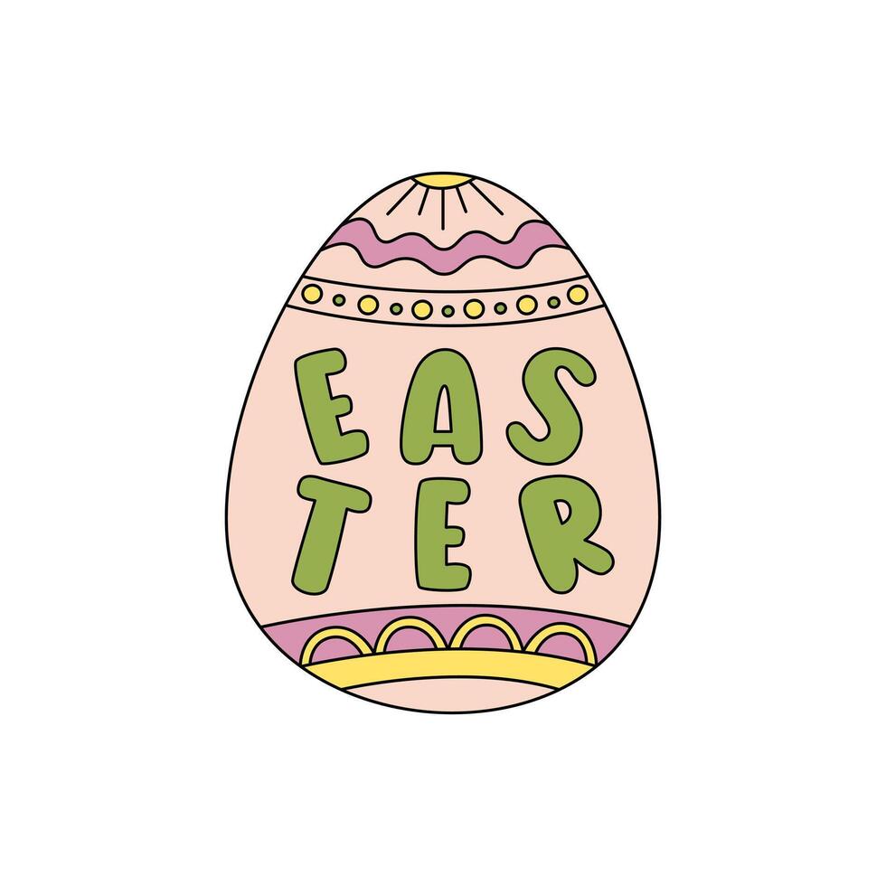 Colorful Easter egg doodle vector illustration. Painted egg with decorative ornament and word Easter. Spring holiday celebration symbol in cute hand drawn style