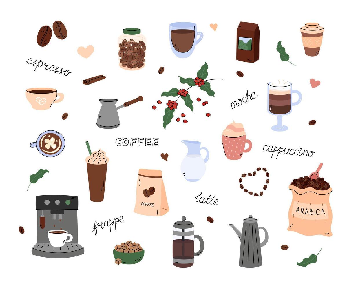 Coffee doodles vector set. Cute cartoon design elements. Simple hand drawn illustrations. Different doodle beverages, preparing appliances. Morning coffee mug cappuccino, espresso, frappe and mocha