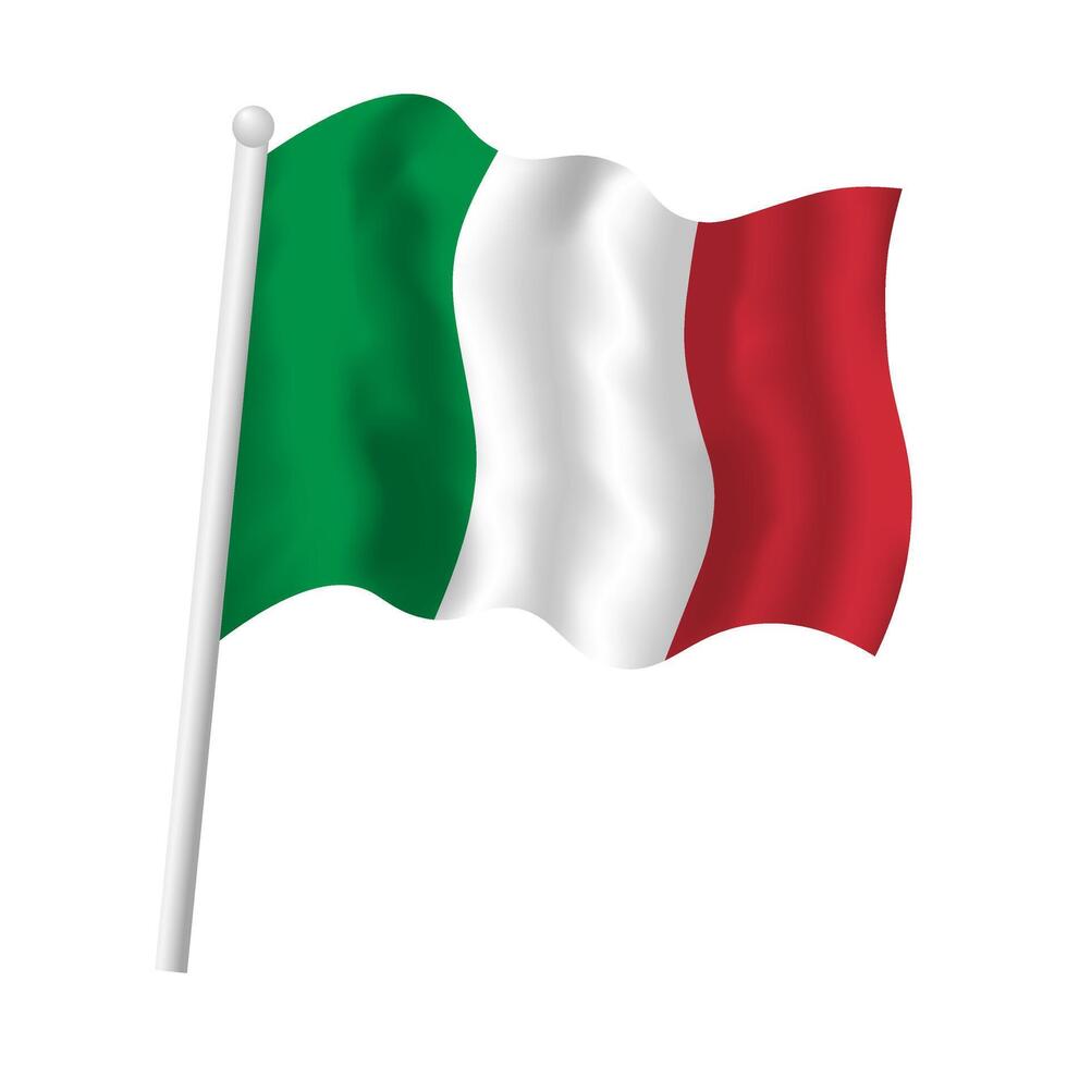 Italy flag on flagpole waving in wind. Italian tricolor vector isolated object illustration. Green, white and red flag texture