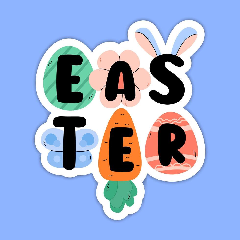 Easter cute cartoon vector illustration. Easter print colorful for greeting cards, posters, web banners, stickers. Doodle elements eggs, flower, bunny, carrot