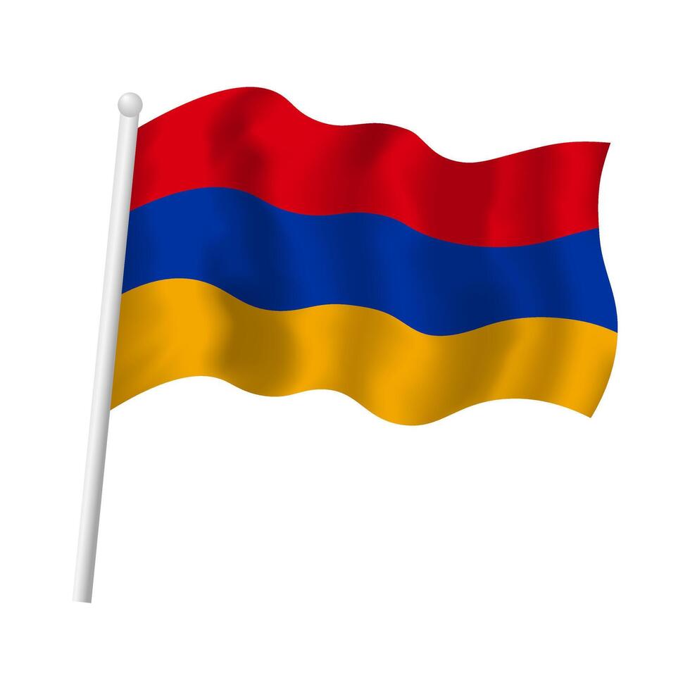 Armenia flag on flagpole waving in wind. Armenian striped flag vector isolated object illustration