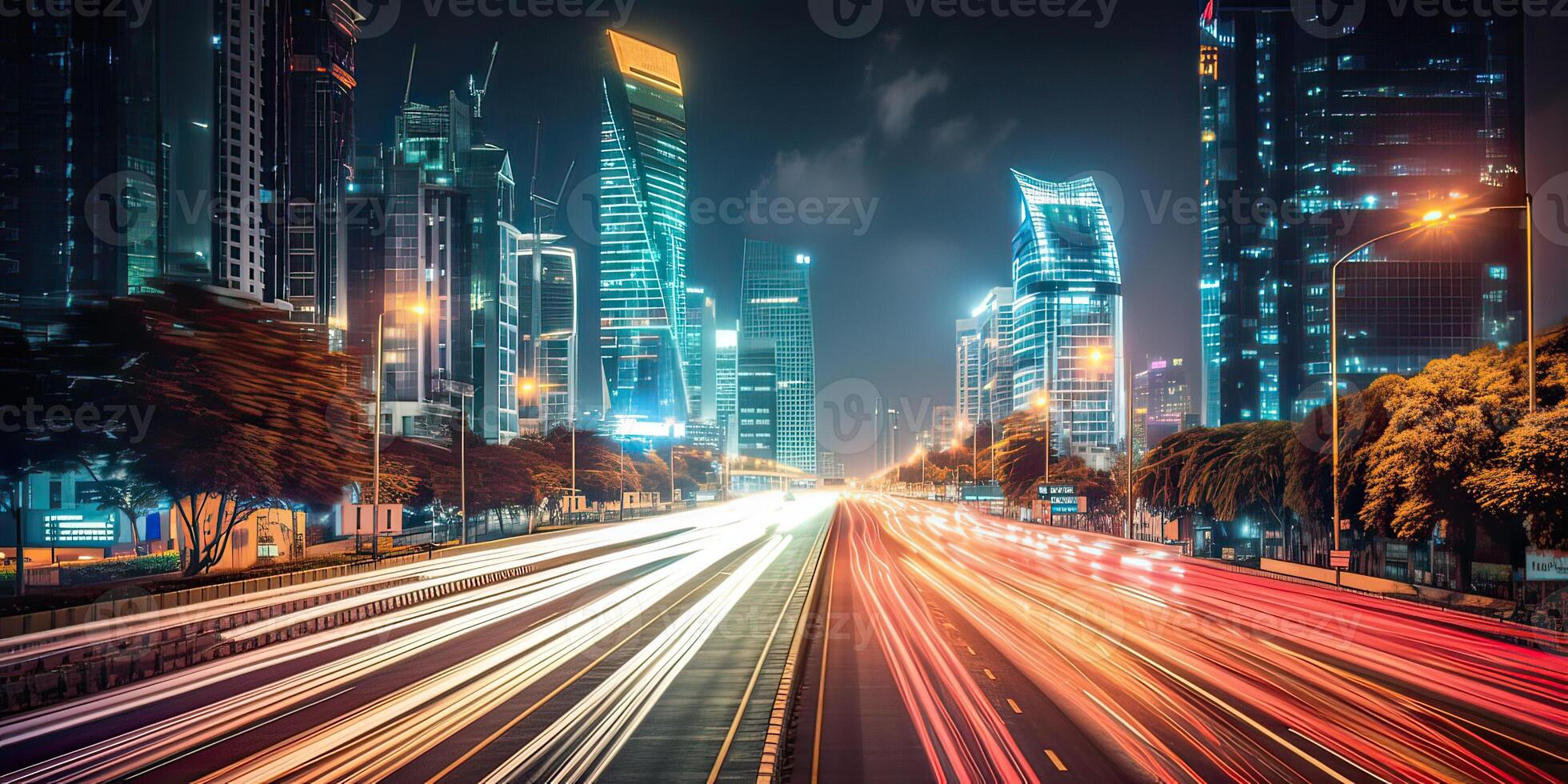 AI generated High speed urban traffic on a city street during evening rush hour, car headlights, busy night photo