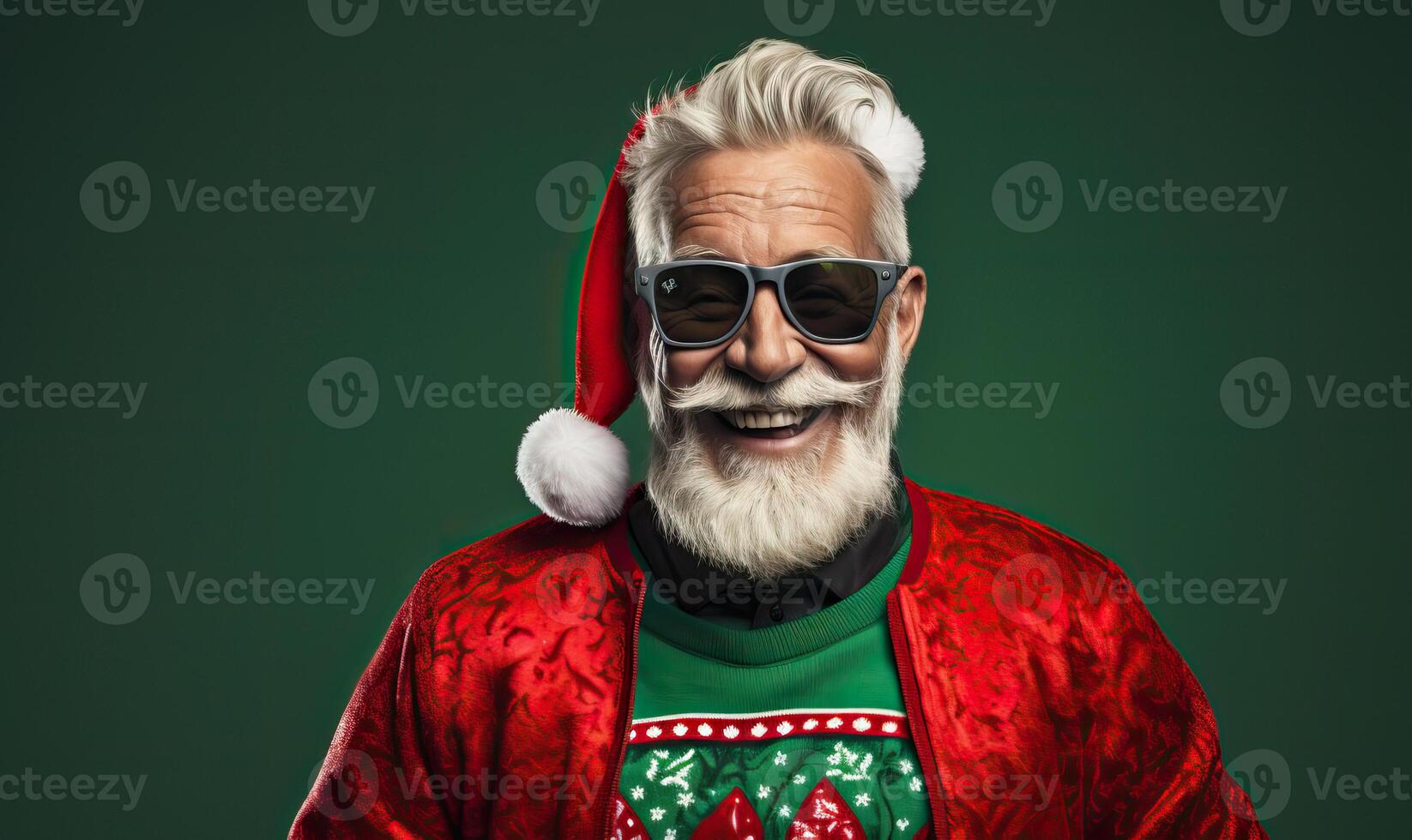 AI generated Studio portrait of modern Santa Claus in Christmas ugly sweater, in santa hat. Bearded man over the photo