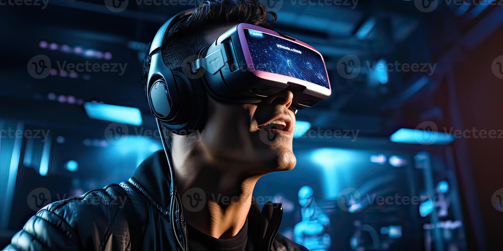 ai generado un joven hombre vistiendo vr auriculares, jugando con su gafas de protección en un futurista ciber mundo, virtual foto