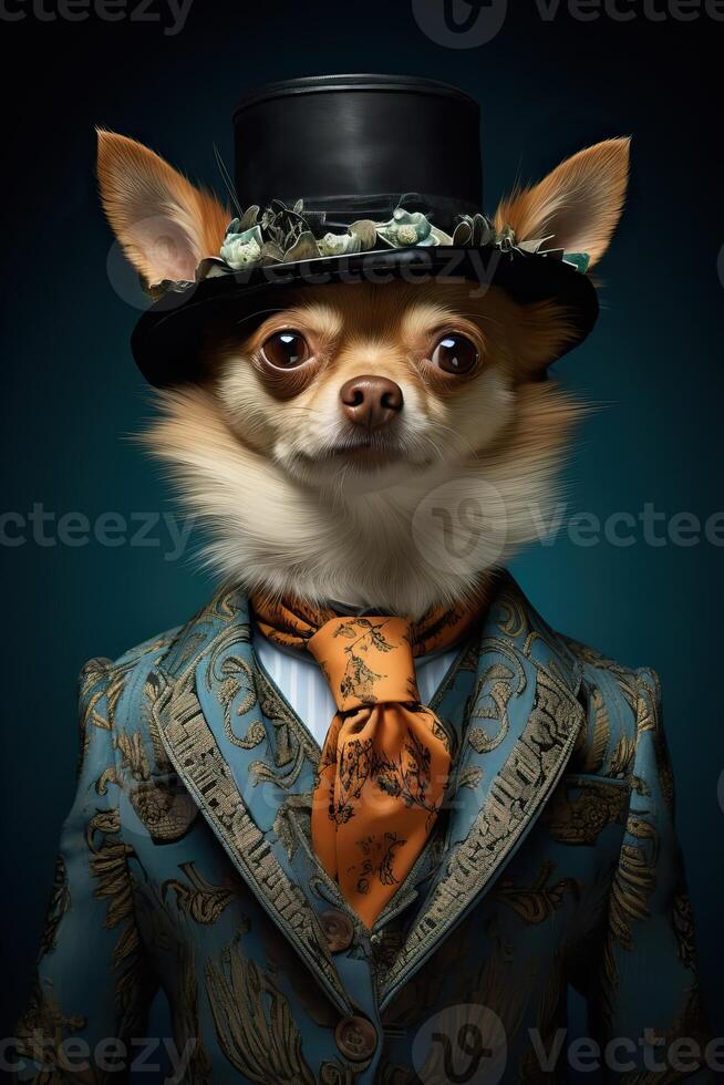 ai generado perro chihuahua vestido en un elegante moderno traje con un bonito atar, vistiendo gorra. Moda retrato de un foto