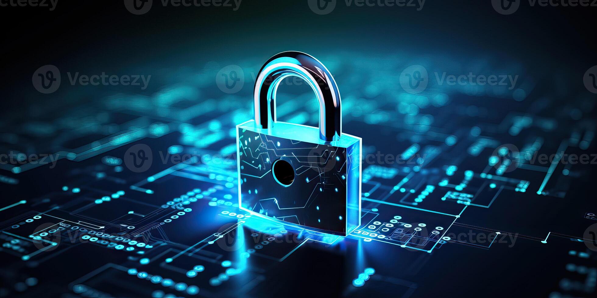 AI generated Digital padlock for computing system on dark blue background, cyber security technology for fraud photo