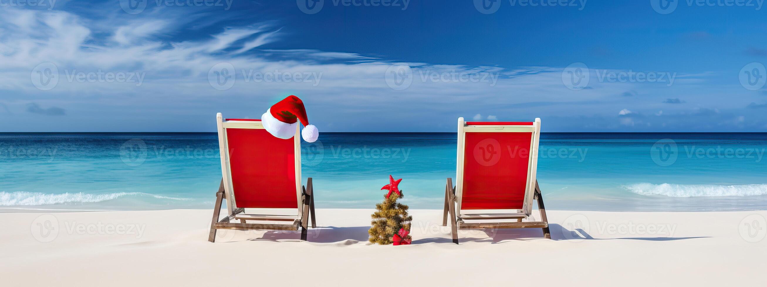 AI generated Christmas beach chair lounges with Santa hats at sea, ocean sandy tropical beach, xmas travel photo