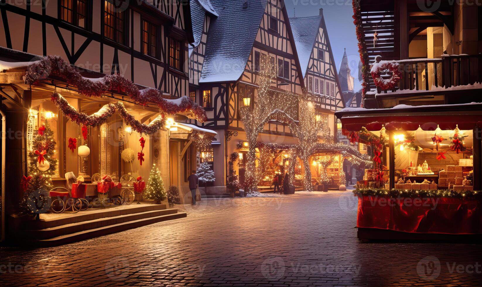 AI generated Enjoying Christmas Market, a couple walking near stalls, charming Festive Christmas market, holiday photo
