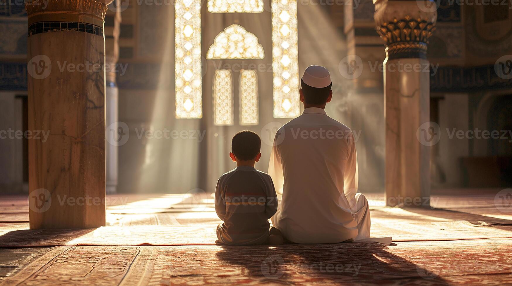 AI generated Back View of a muslim father and son praying in mosque, islamic concept, ramadan praying photo