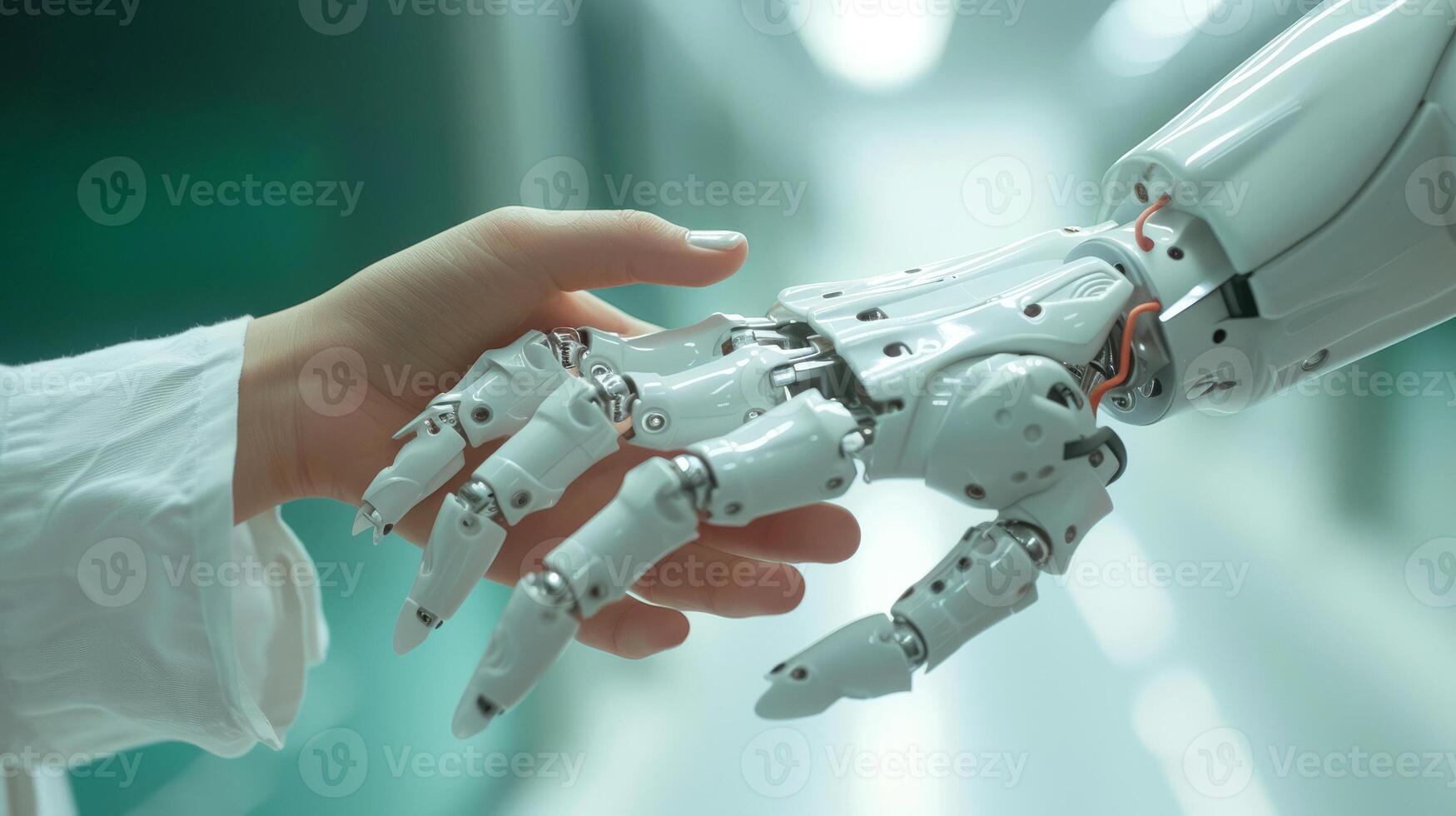 ai generado un momento de conexión Entre humano y tecnología, exhibiendo un humano mano suavemente conmovedor el sofisticado mecanismos de un robótico mano, ideal imagen para tecnología, artificial foto